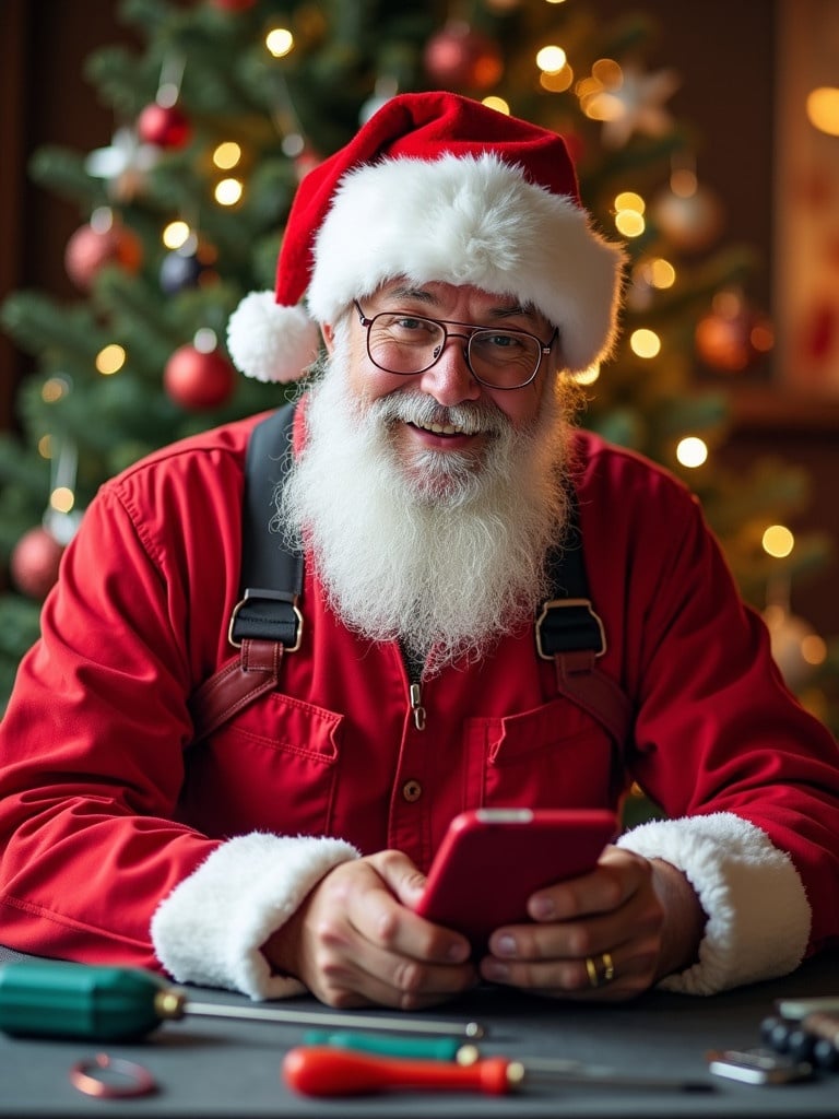 A festive poster features Santa Claus as a mobile repair technician. Santa wears red overalls and a hat holding a smartphone. Screen shows 'Merry Christmas from [Your Company]'. Tools like screwdrivers around him on a mat. Background has a decorated Christmas tree with lights. Scene is warm promoting mobile repair services during the holidays.