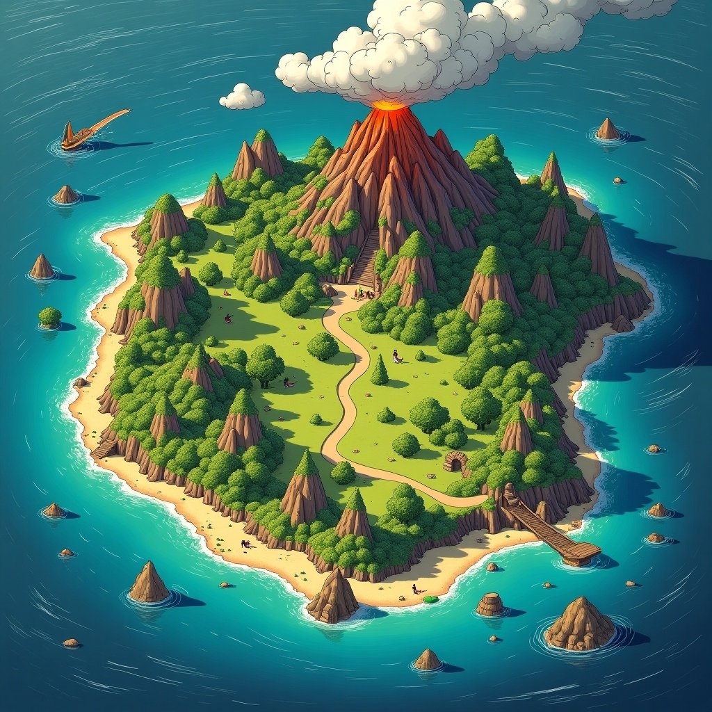 A colorful fantasy island map featuring a central volcano surrounded by lush greenery and multiple mountain peaks. A winding path leads through the island landscape with sandy beaches and water surrounding it.