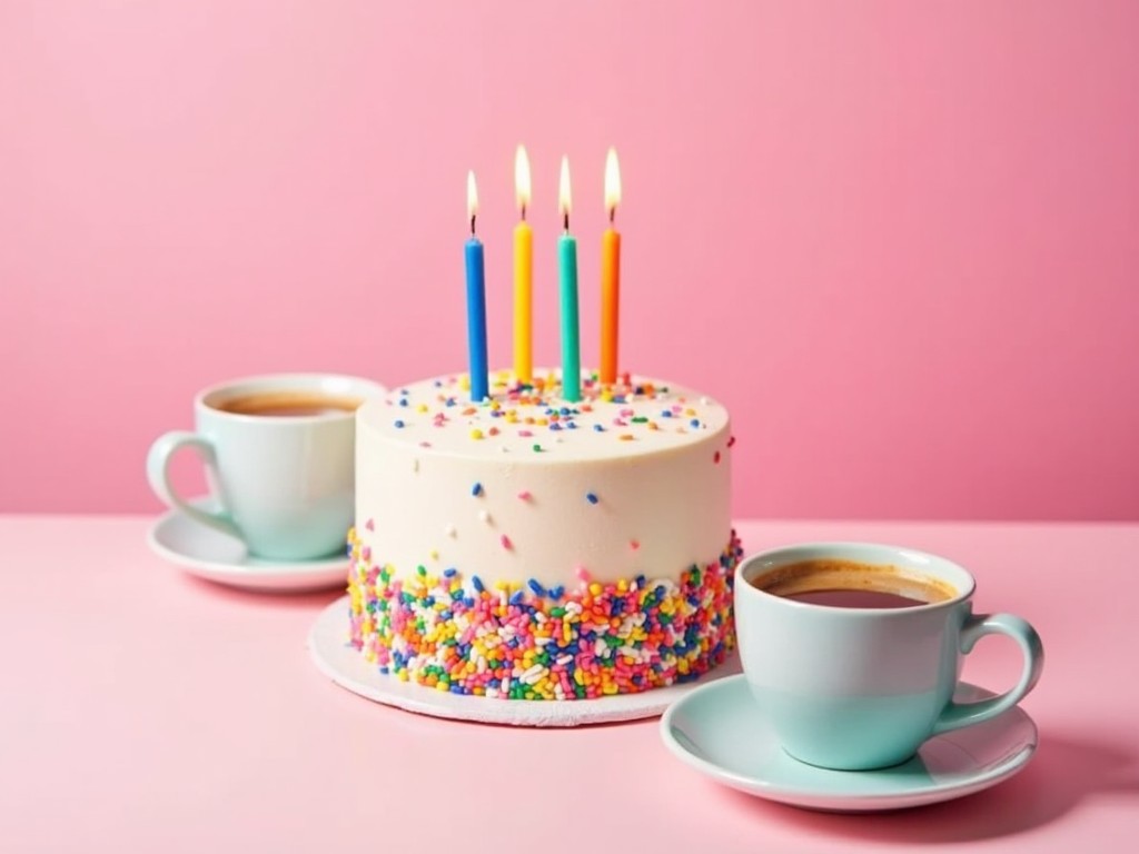 A birthday cake with colorful sprinkles and four lit candles, accompanied by two cups of coffee, on a pastel pink background.