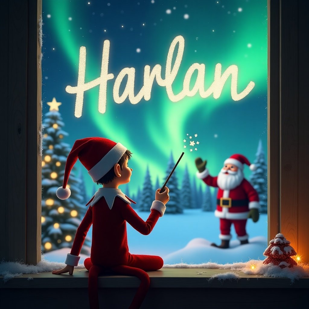 An elf on the shelf with back facing viewer. Elf uses wand to magically write 'Harlan' in the sky. Background shows a snowy landscape with northern lights and santa.