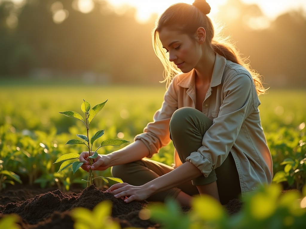 Female entrepreneur planting a seed in fertile soil. She wears eco-friendly attire. Lush green fields surround her. Sunlight glows warmly. Seed represents growth and transformation. Serene, determined expression captured in a detailed scene.