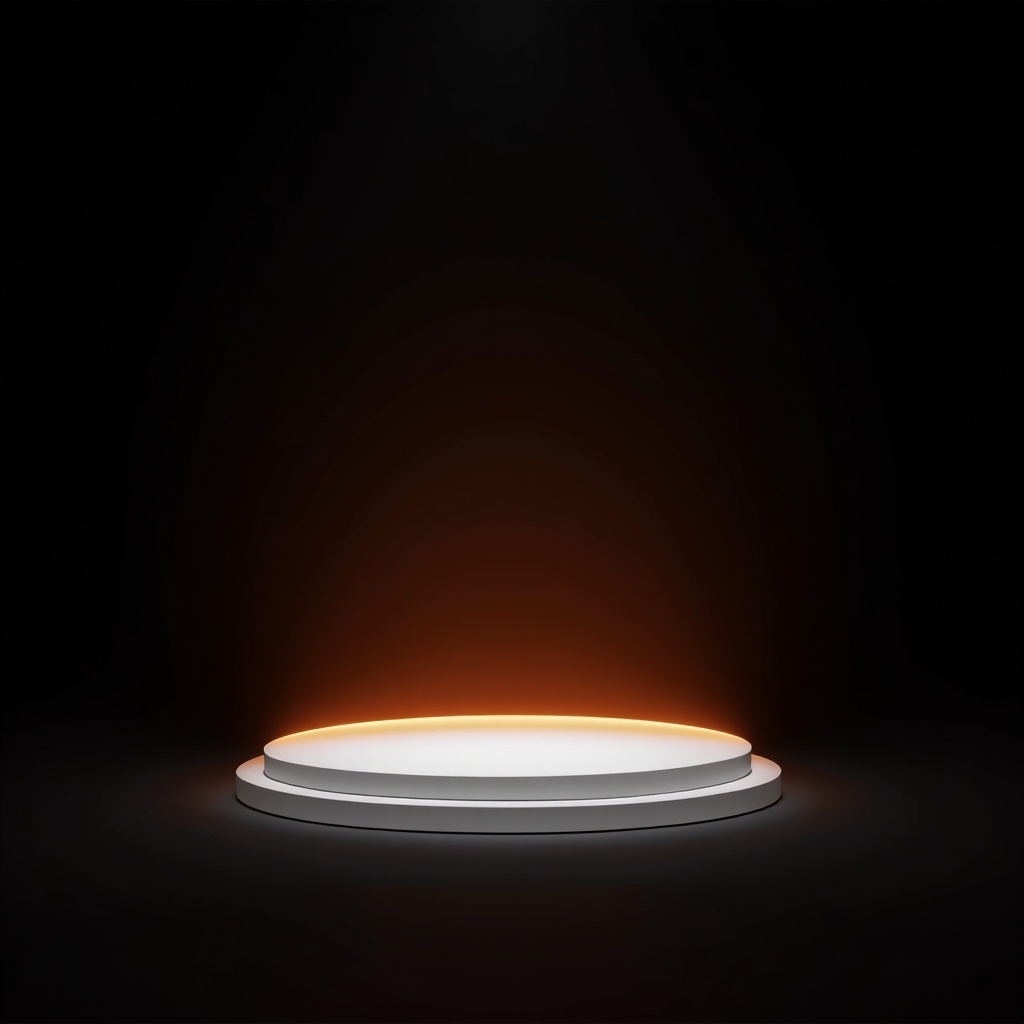 The image features a minimalistic stage set against a deep black background. The stage has a white surface that contrasts sharply with the surrounding darkness. An orange light glows subtly from beneath the stage, creating a warm illumination that draws attention. This simple yet striking design emphasizes the significance of the platform, making it ideal for presentations or performances. The overall feel is modern and professional, suited for various creative uses.