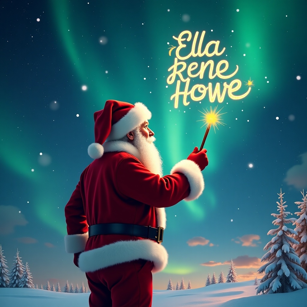 This image features Santa Claus with his back to the viewer, standing in a snowy landscape. He is facing the sky, using a wand to magically write the name 'Ella Rene Howe' in the air. The backdrop showcases a stunning winter scene filled with vibrant northern lights, arching across a clear, starry sky. The atmosphere radiates holiday cheer and enchantment, perfect for the festive season. Snow-covered trees frame the scene, enhancing the magical feel.