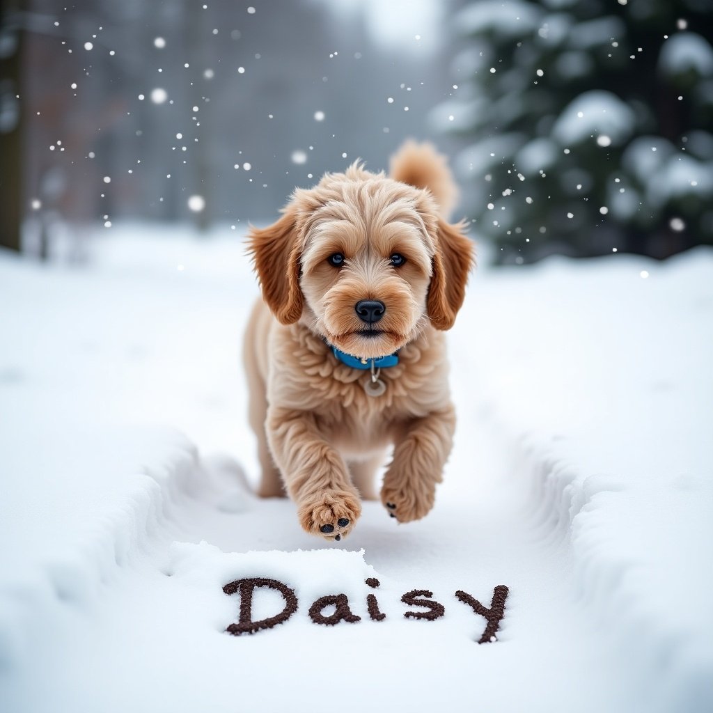 A blonde Cockapoo puppy runs joyfully in the snow. The name 'Daisy' is written in the snow with dog food. Snowflakes gently fall in the background, creating a whimsical winter scene.