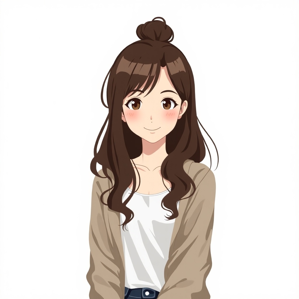 Illustration of a smiling young woman with long wavy hair in a bun. She is wearing casual clothing and facing forward. The background is plain white. Frontal shot. Looking at the camera.