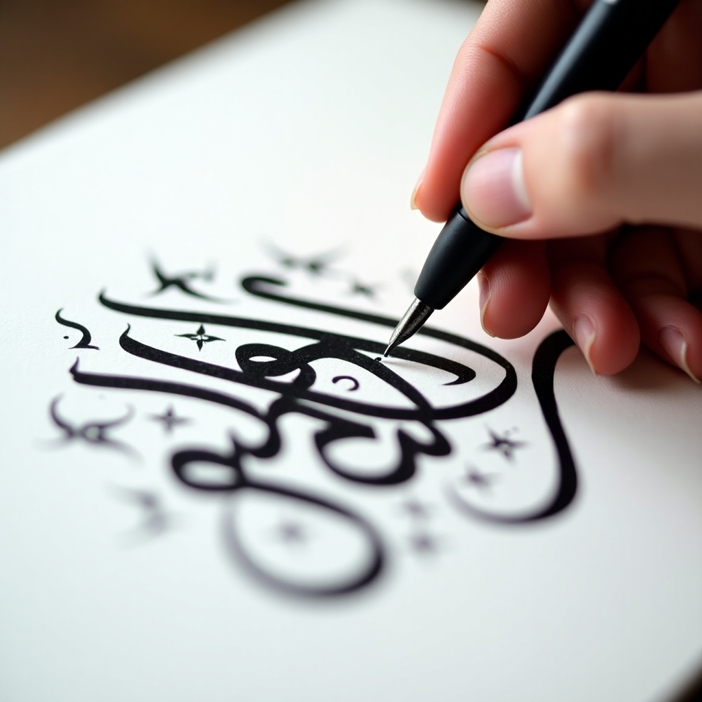 Close-up view of hand using pen to write Arabic calligraphy. Bold black ink on white paper. Hand is steady and focused on letters. Surrounding designs complement the main calligraphy. Soft lighting enhances the intricate strokes.