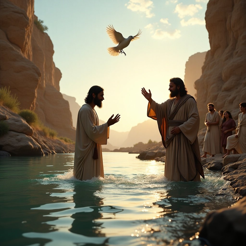 Jesus and John the Baptist in the Jordan River. Dove ascending from heaven. Scenic mountains surrounding. Warm sunlight illuminating the scene.