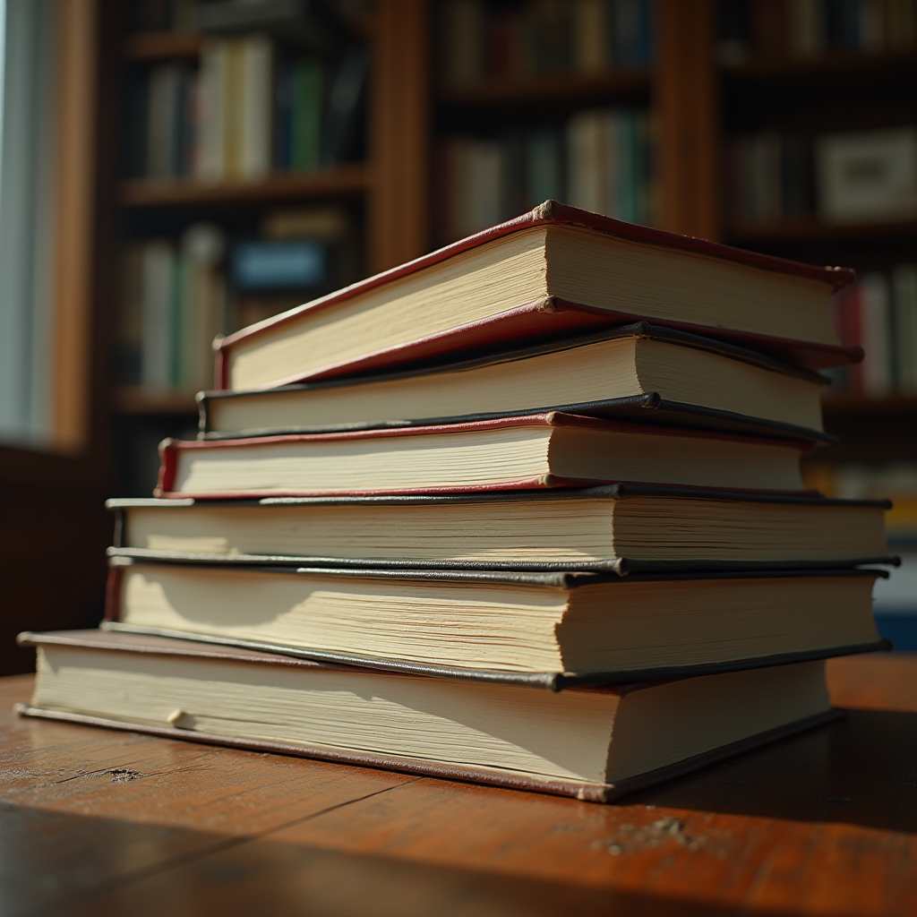 A stack of hardcover books with red spines sits on a wooden table, illuminated by sunlight from a nearby window, with a blurred bookshelf in the background.