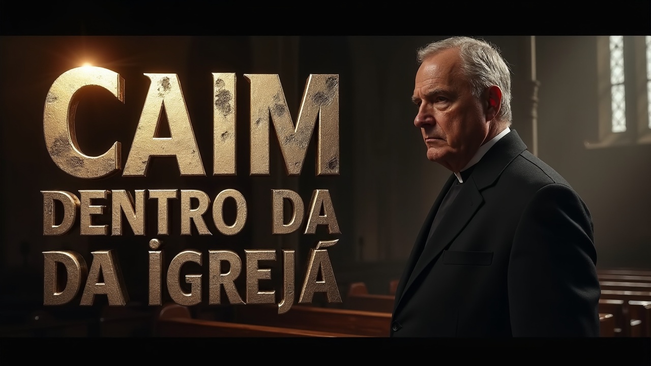 A serious-looking priest stands inside a church next to bold typography reading 'CAIM DENTRO DA IGREJA.'