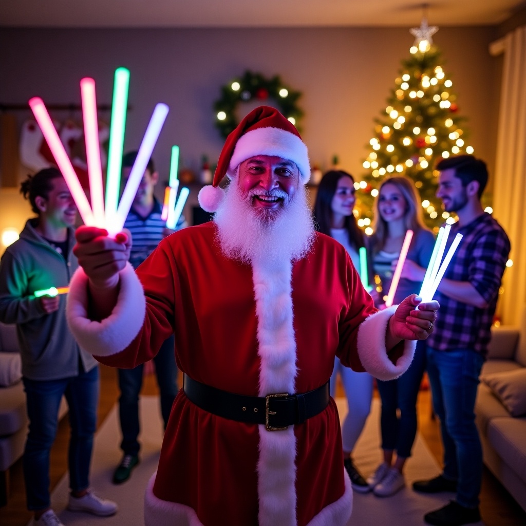 Santa Claus enjoys holiday festivities with family. Family members hold colorful glow sticks. Brightly decorated Christmas tree in the background. Warm festive lights create a cheerful atmosphere.