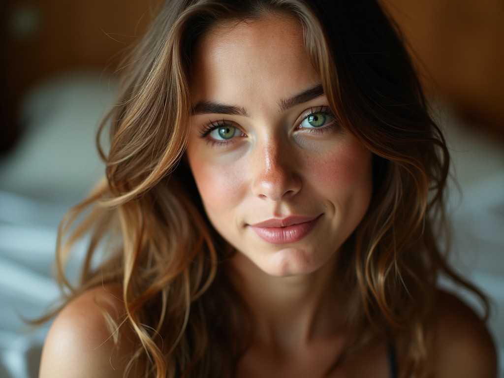 The image features a close-up portrait of a young woman with long, wavy hair and striking green eyes. She has a neutral expression that conveys serenity and introspection, placed in a softly lit room with warm tones. The background is blurred, drawing attention to her face. The lighting highlights her natural beauty and emphasizes the contours of her features. This photograph captures a moment of quiet beauty and emotion, suitable for various uses such as fashion or beauty marketing.