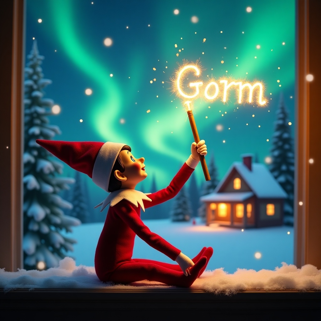 An elf on the shelf sits with its back to the viewer, gazing skyward, filled with wonder. It holds a glowing wand that emits sparkling light, illuminating the surroundings with magic. In the background, colorful northern lights swirl in the sky, enhancing the festive atmosphere. A cozy house can be seen in the distance, beautifully decorated for the holidays, adding warmth to the winter scene. Snow blankets the ground, creating a serene setting. The elf is in a playful position, embodying the joy of Christmas magic. The name 'Gorm' is magically written in the air with the wand, bringing a sense of joy and cheer to the scene.