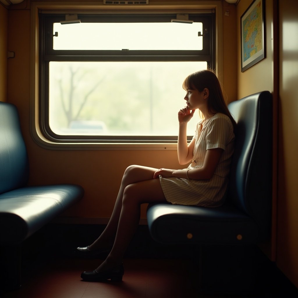 A woman sitting in a train with crossed legs. She wears pantyhose. The train has blue seats and a large window with natural light coming through. The atmosphere is serene and reflective. The background shows the interior setting of the train.