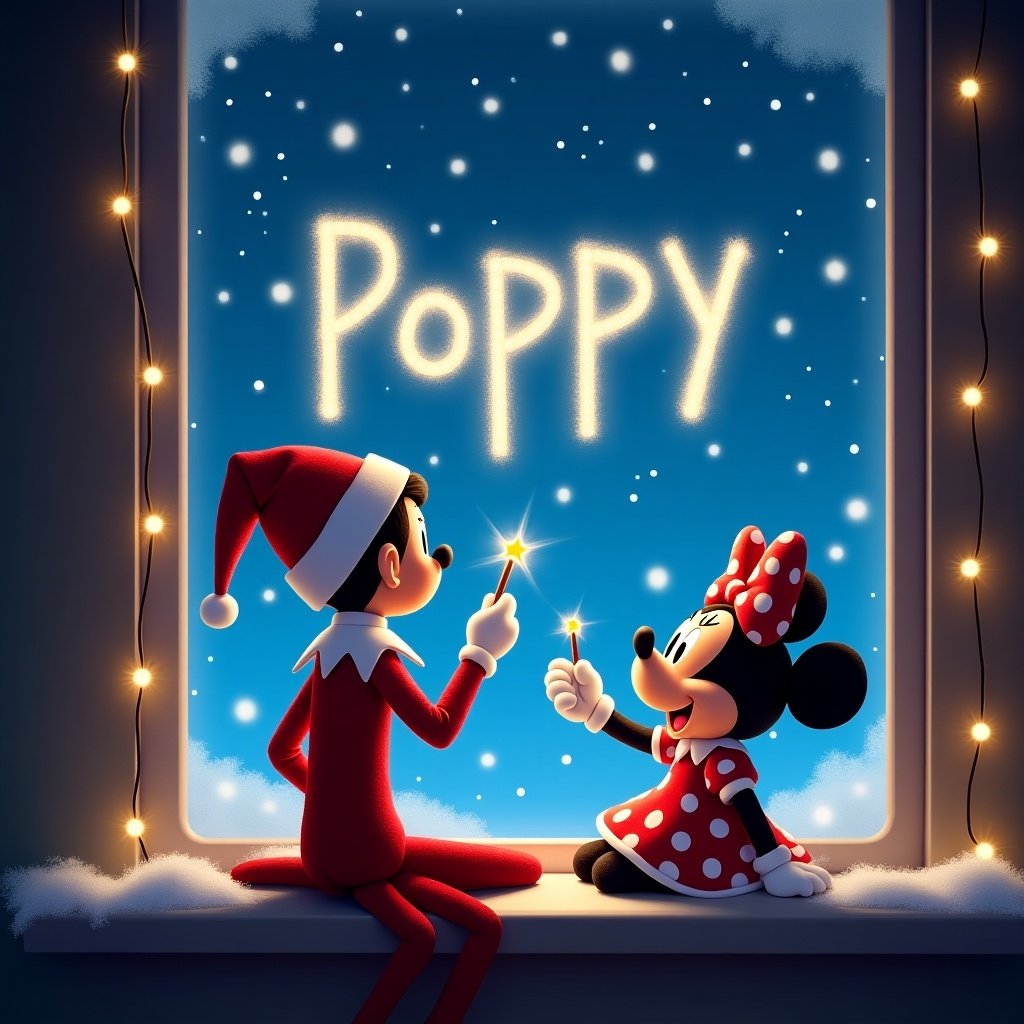 Elf on the shelf on windowsill. Back facing viewer. Writing 'Poppy' in starry sky with magic wand. Minnie Mouse beside him. Joyful expression. Holding small wand. Window framed by soft glowing lights. Snowflakes falling outside. Magical winter setting.