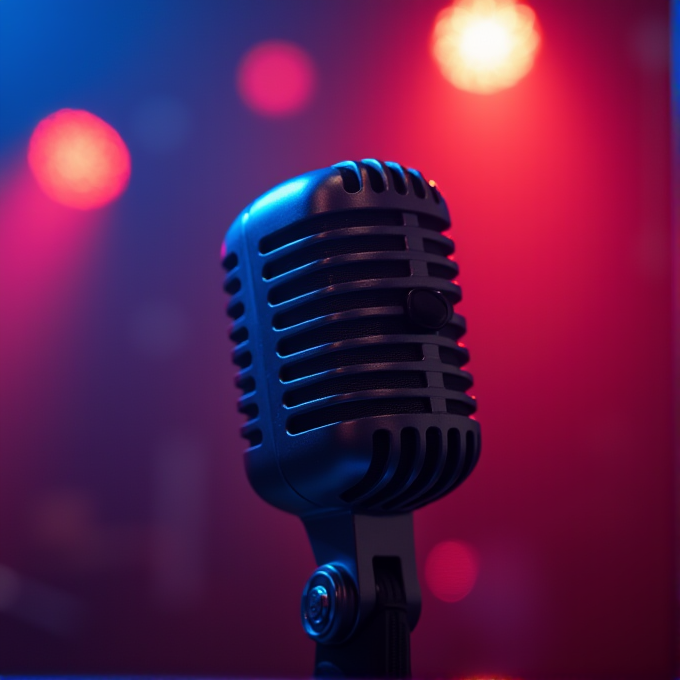 A vintage-style microphone is illuminated against a colorful background with red and blue lights.