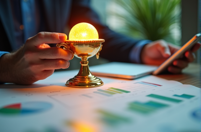 A person holding a glowing, ornate golden sphere while working with graphs and charts, symbolizing insight or innovation.