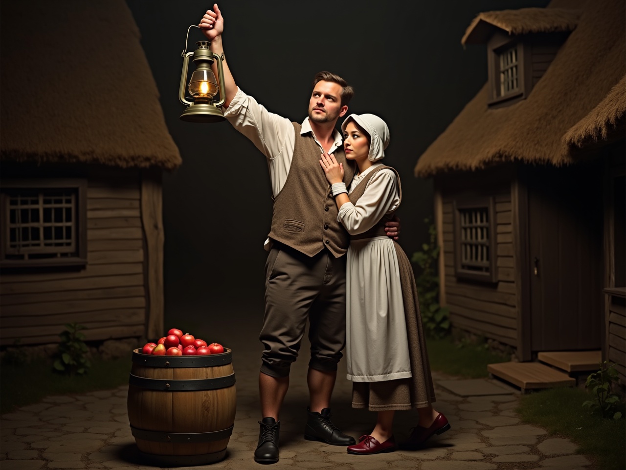 A man and a woman stand closely together in a historical village setting. The man holds a vintage lantern high, providing light in the dim surroundings. The woman, dressed in a traditional bonnet and apron, leans against him. Behind them are rustic wooden houses with thatched roofs, indicative of a past era. A small barrel filled with red apples sits nearby, adding color to the earthy tones of the scene.