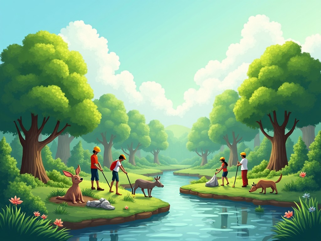 A picturesque scene depicting children interacting with nature. The setting includes a serene river surrounded by lush green trees. Children are seen engaging in activities like walking their dogs and cleaning up the area. A deer and a rabbit add to the enchanting wildlife. The atmosphere is lively and encourages appreciation for the outdoors. The sky is bright with fluffy clouds, enhancing the cheerful mood of the scene.