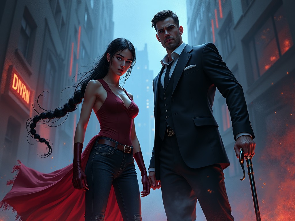 The image depicts a stylized scene of a man and woman standing confidently in a modern urban setting. The woman is dressed in a red tight-fitting outfit with a flowing cape-like extension, while the man is in a sharp black suit, holding a cane. Their expressions convey a strong presence, and the background features dimly lit buildings with red neon signs, adding to the dramatic and intense atmosphere.