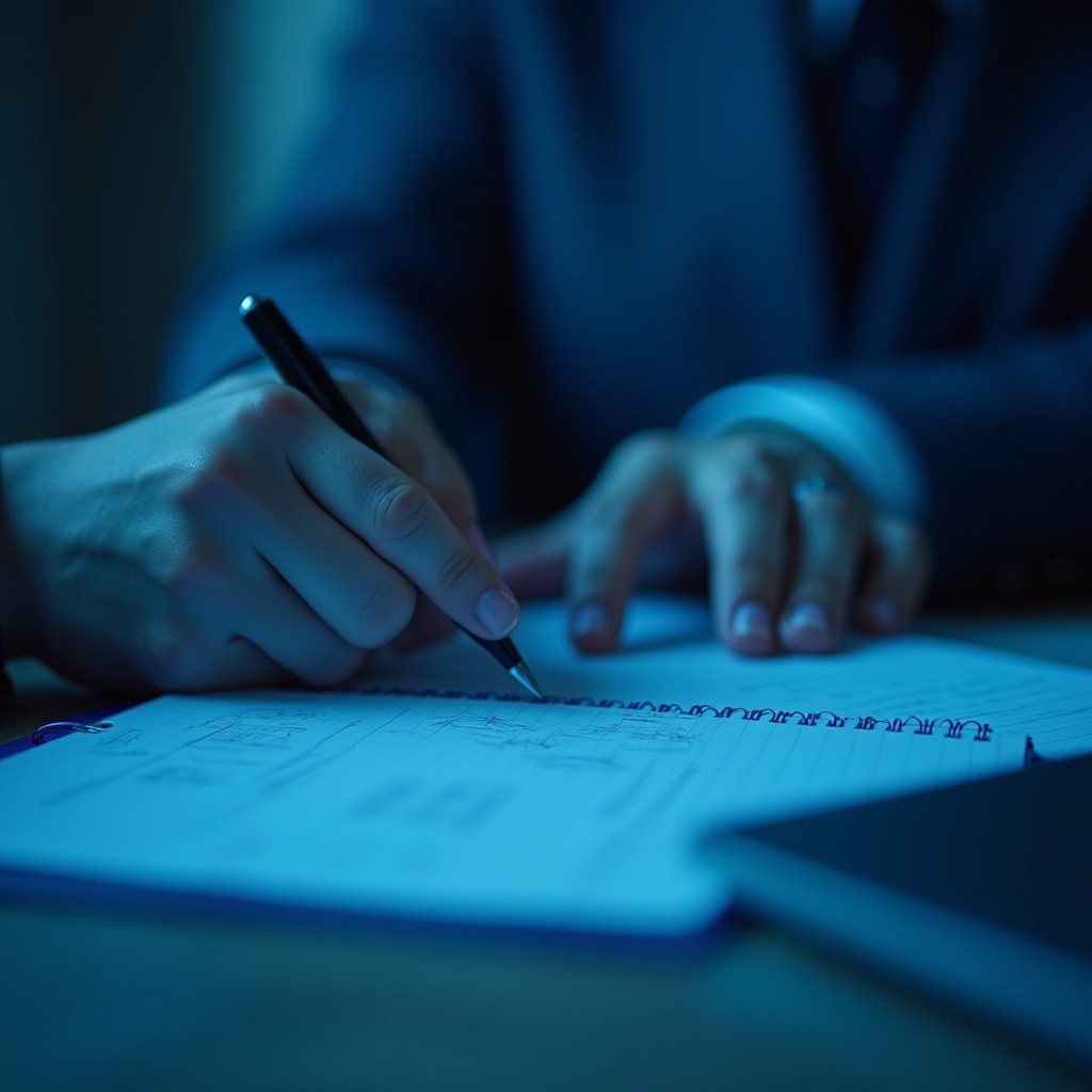 The image shows a close-up of a person's hand writing in a notebook. The setting seems to be an office or work environment, illuminated by a blue-tinted light, suggesting evening or night work. The person’s hand is using a black pen to write or take notes on lined paper, visible with sketches or diagrams. The background is blurred, highlighting the focus on the hand and the task. The ambient lighting creates a focused, calm atmosphere, evoking a sense of dedication and concentration.