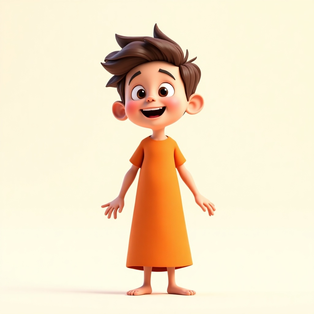 Create a 3D cartoon character of a young boy with a cheerful expression. He has brown hair and wears a long orange dress. Capture his expressions ranging from joy and excitement to curiosity. Each pose should reflect a lively personality, showcasing moments of movement. Use a bright color palette to reinforce the cheerful theme, making this character suitable for various children’s media contexts, from books to animations.