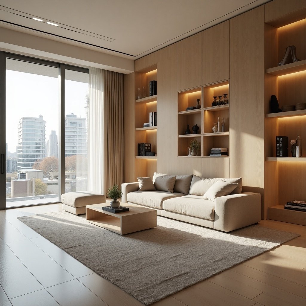 A modern CEO room showcasing parametric design. The room features a light beige sofa with minimalistic style. An open shelf filled with decor elements is mounted on the wall. Large windows allow for ample natural light. Elegant light wood flooring completes the look.