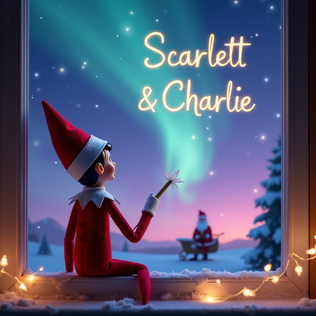 Image features Elf on the Shelf character looking at northern lights. Elf writes 'Scarlett & Charlie' in glowing letters. Santa in background. Surrounded by fairy lights and snowy window frame.