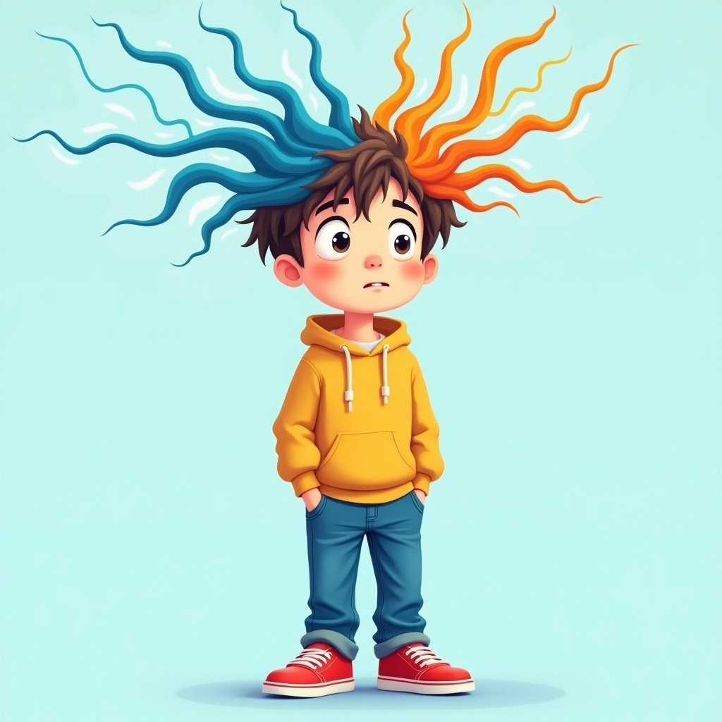 A young boy stands with vibrant blue and orange hair-like streams. He wears a yellow hoodie and jeans with red sneakers. The background is soft blue. The image expresses individuality and emotional complexity.