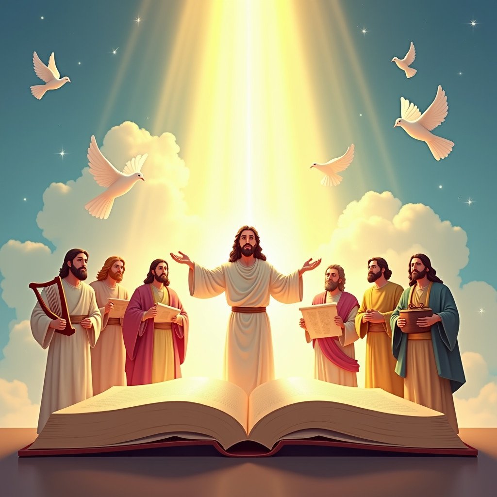 Cartoon illustration depicting a low-angle shot of an open Bible radiating light. Central figure of Jesus with arms open surrounded by seven biblical figures including David, Daniel, Samson, Moses, Esther, and Noah. Soft clouds and angels in the background create a magical atmosphere.