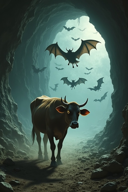 A cow stands in a gloomy cave. Bats fly around the cow. The cow looks terrified. Dust rises from the ground due to the commotion. The bats have glowing eyes. The scene is dark and suspenseful.