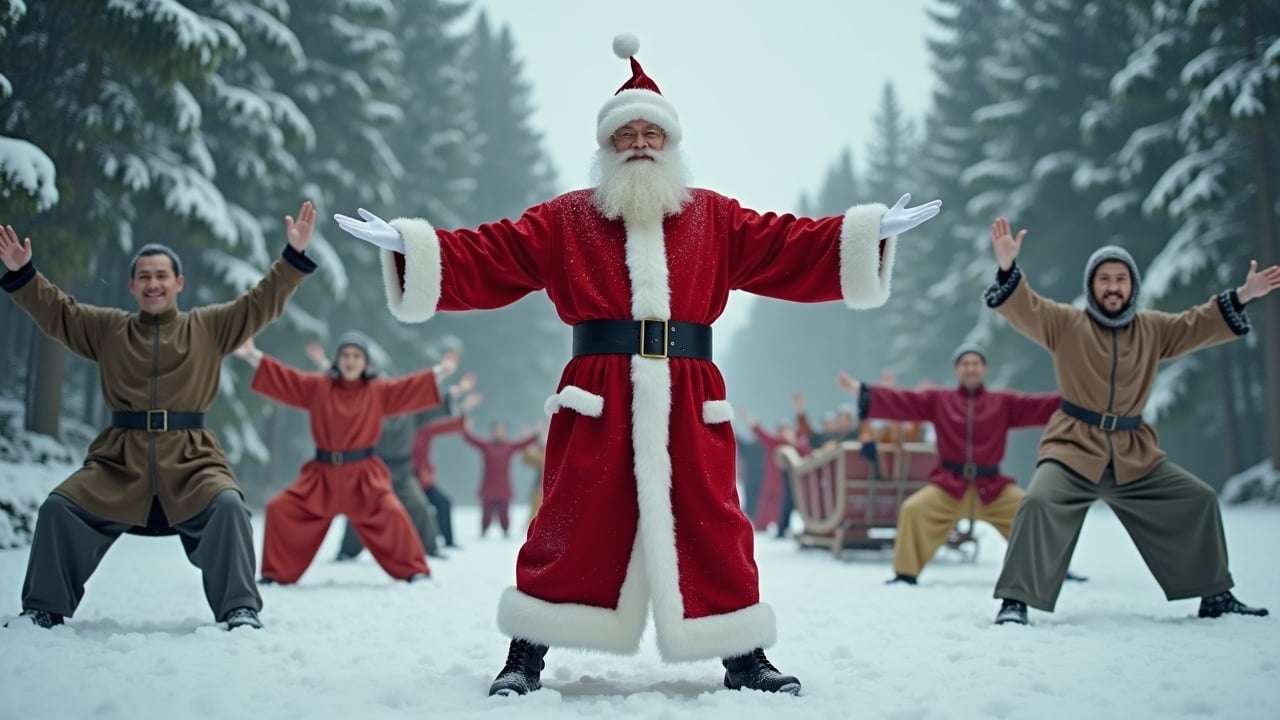 Cinematic scene featuring Santa Claus with open arms. Diverse individuals practicing Tai Chi in various styles. Snow-covered forest in the background. Sleigh with reindeer parked nearby. Wide shot capturing the joyful gathering.