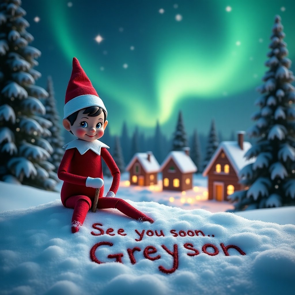 A magical snowy scene features a traditional elf on the shelf. The elf is dressed in a classic red outfit and holds a small stick with a joyful expression. It is writing 'See you soon Greyson' in the snow. In the background, there is a cozy village with glowing lights, surrounded by snow-covered trees. The night sky is illuminated by the vibrant aurora borealis, creating a whimsical atmosphere that captures the essence of holiday spirit and childhood wonder.