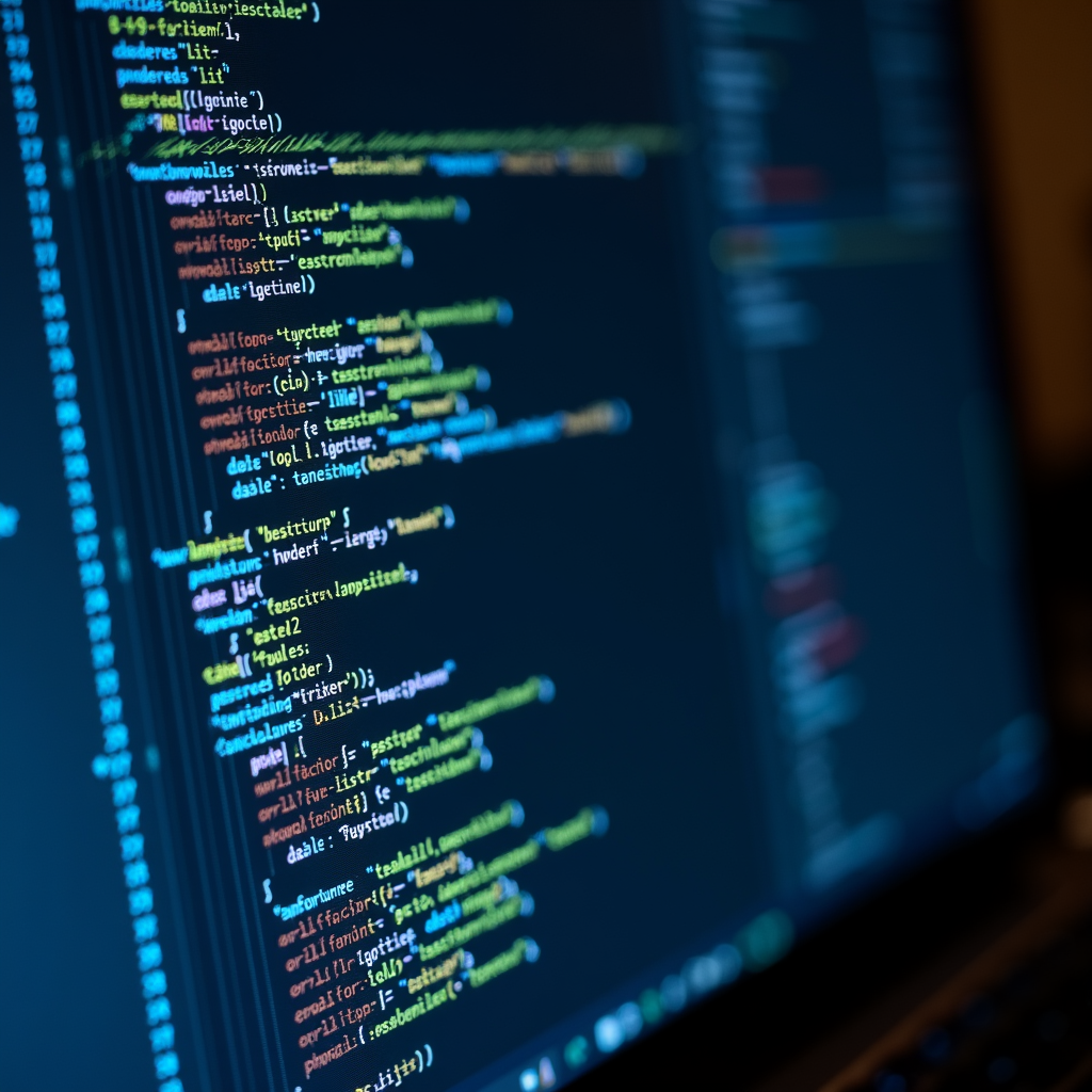 A close-up view of colorful code on a computer screen, highlighting programming syntax.