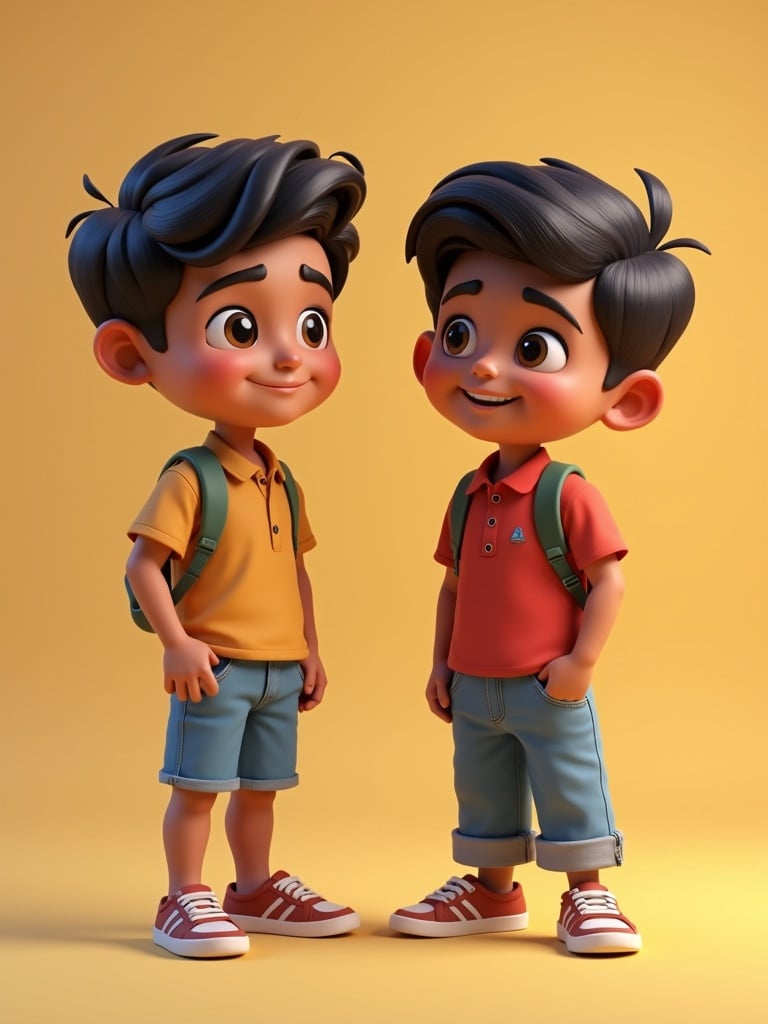 Two animated boys standing together. They are around the age of 18 years. One boy is wearing an orange shirt and blue shorts. The other is in a red shirt and light blue shorts. Both have backpacks. They are depicted in a vibrant setting and have a cartoonish style.