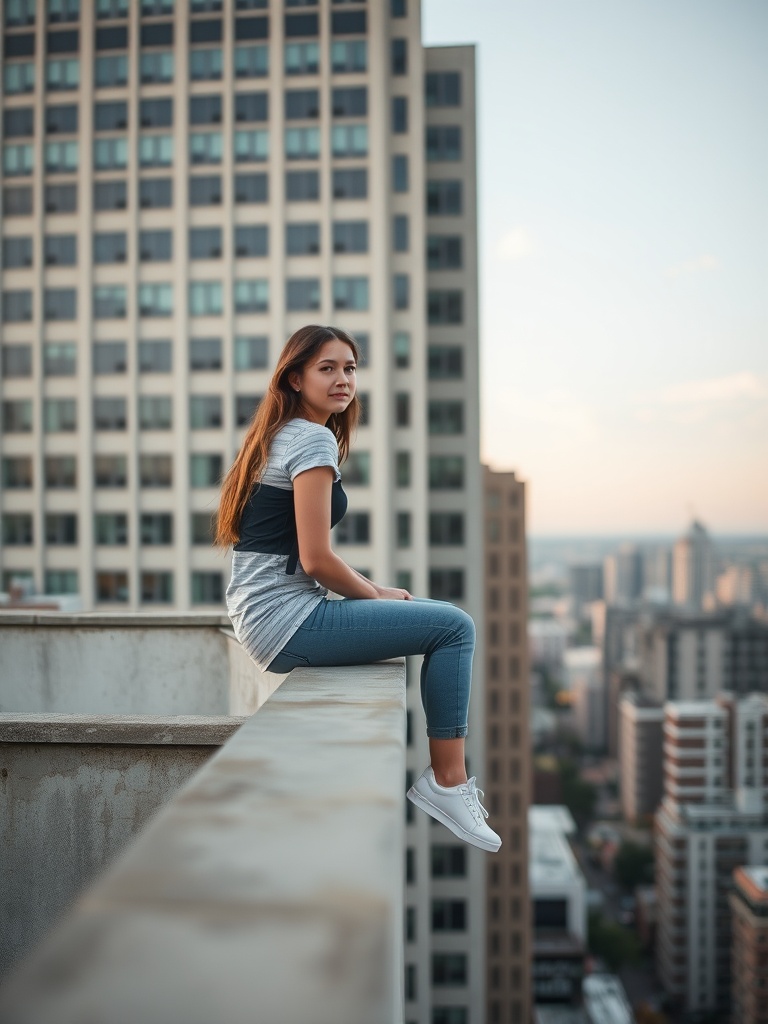 The image depicts a young woman seated on the edge of a rooftop with a cityscape stretching out behind her. She is wearing casual attire—jeans, a grey T-shirt, and white sneakers—creating a relaxed and contemplative mood. The skyline features tall buildings, conveying the vibrancy of urban life, while the soft lighting of the setting sun adds a warm, introspective atmosphere.