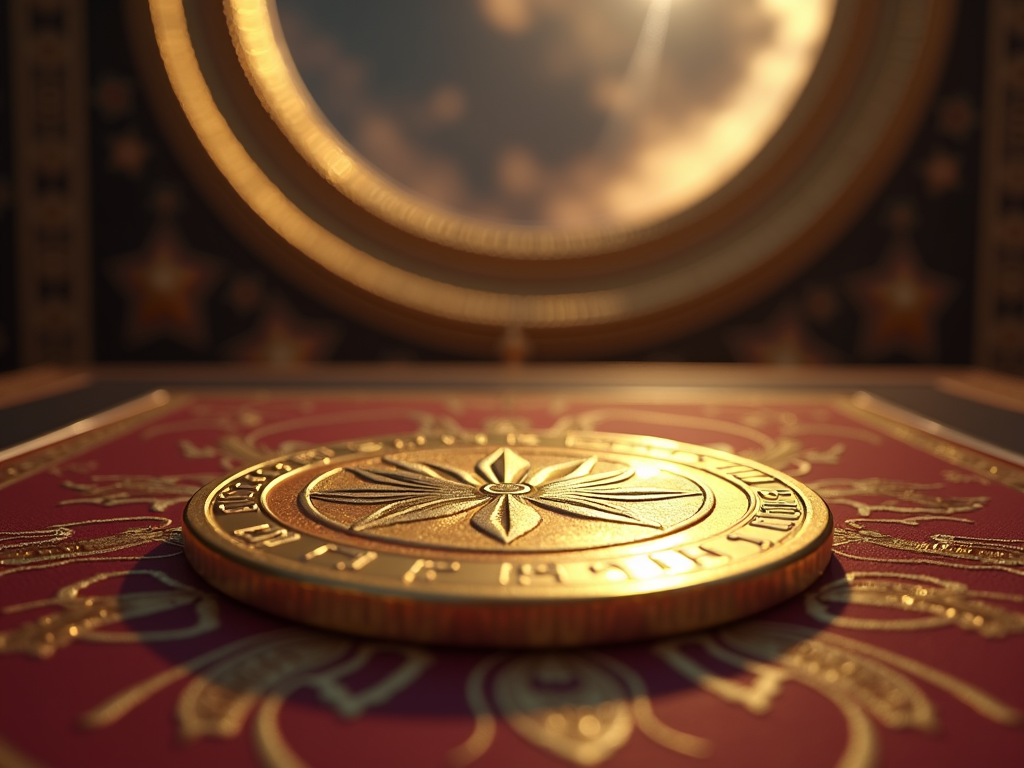 A golden coin with an intricate emblem rests on a richly decorated red and gold surface, with a softly focused ornate background featuring a circular window and patterns.