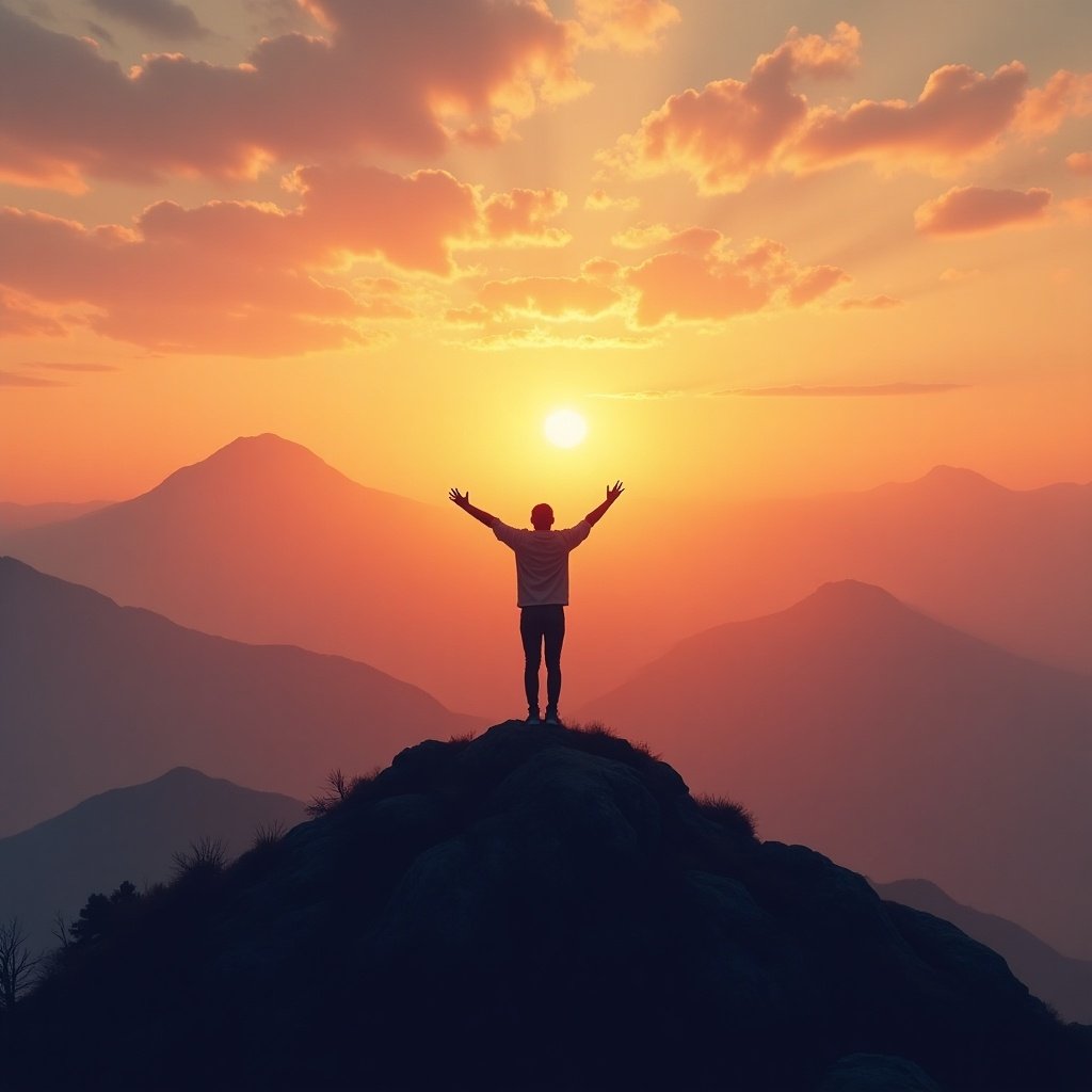 Person standing on mountain top at sunrise with arms open wide. Sunrise characterized by orange and pink hues symbolizing hope. Scenic view of mountains in the background suggesting life's challenges. Emphasis on strength and freedom.