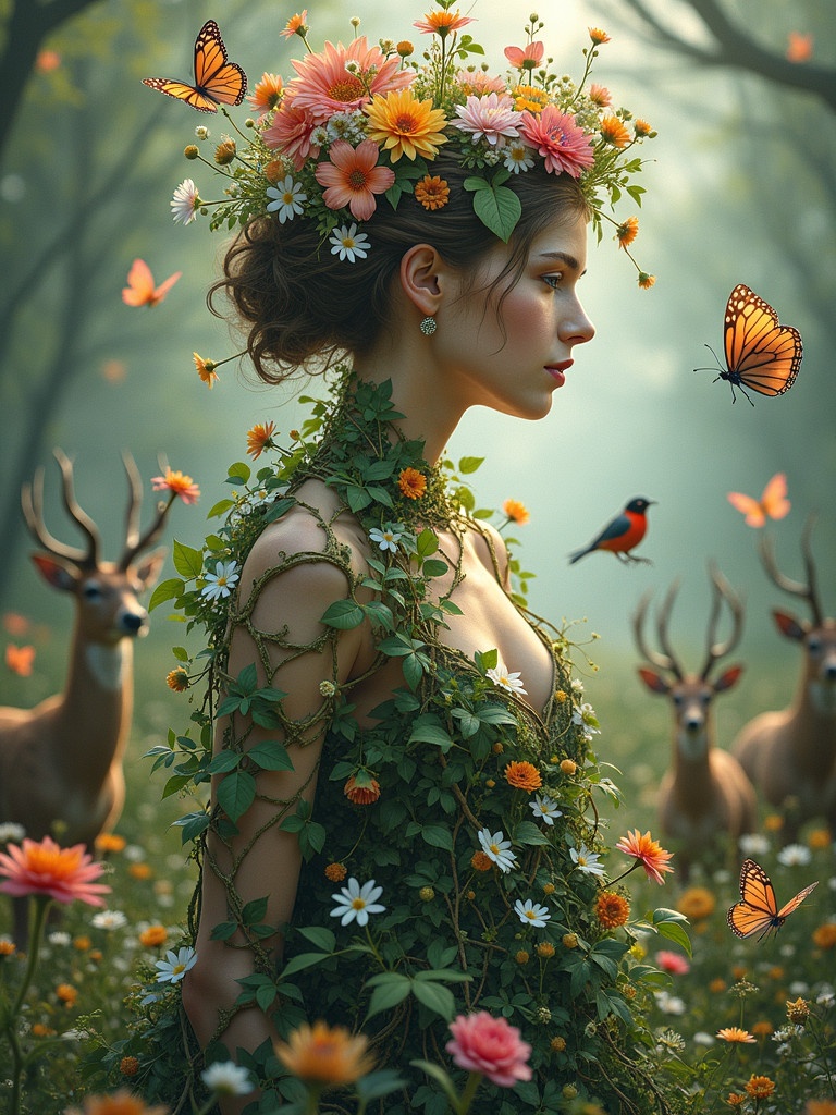 Female figure embodies nature adorned with flowers and foliage. Gown made of vines contrasts with butterflies. Surrounded by deer and songbirds. Composition showcases harmony of flora and fauna.