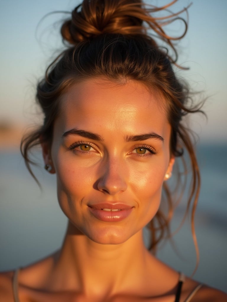 A woman with a sun-kissed complexion has a confident gaze. Hair styled in a messy top knot. Ambient light highlights her features. Natural beauty emphasized in a serene background.