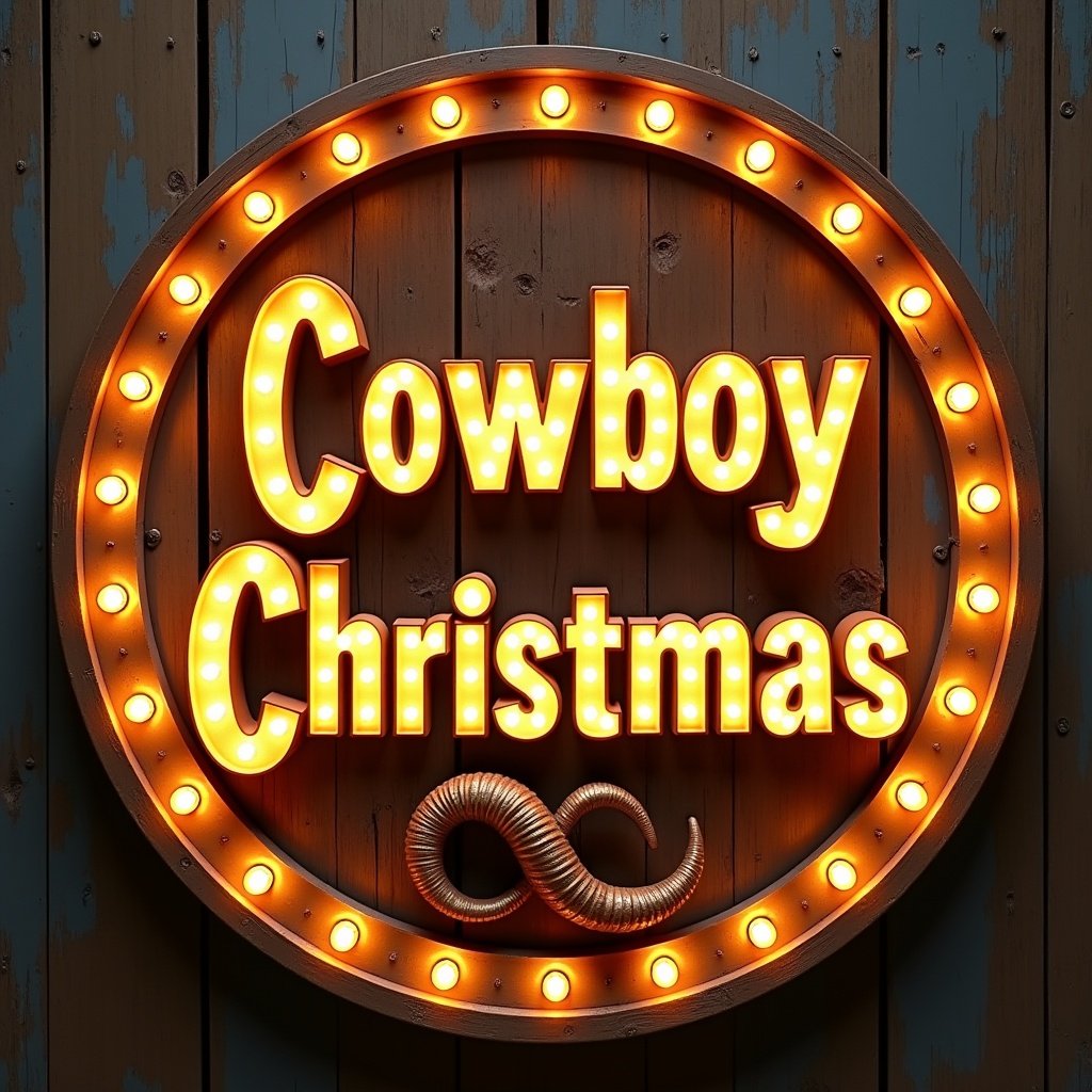 Rustic round marquee sign displaying Cowboy Christmas. Letters styled as lightbulbs with golden hue. Background features metal and wood textures. Includes a long horn.