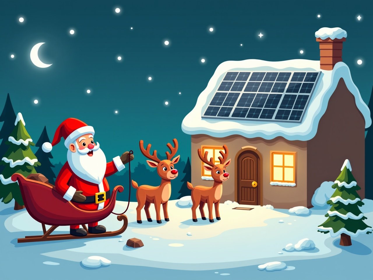 Santa Claus stands beside his sleigh and reindeer outside a house with solar panels. The house is glowing with Christmas lights. Rudolph is charging his nose from Santas electric sleigh. Snow covers the ground and rooftops. Night sky is filled with stars and a moon. Cartoon illustration.