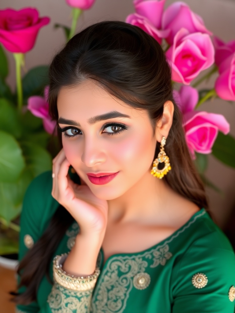 portrait of a woman with floral background, wearing a traditional green dress and gold jewelry, soft lighting