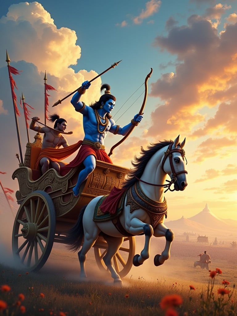 Krishna and Arjun depicted on an ornate chariot. Krishna has blue skin and holds the reins. Arjun is drawing back his bow. Chariot is intricately carved with flags. The background features a battlefield with vibrant clouds. The scene is illuminated by golden light highlighting an epic moment.