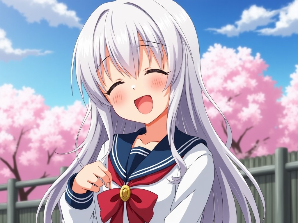 The image features an anime girl laughing joyfully. She wears a traditional Japanese school uniform, complete with a navy blue collar and a red bow. Her long, white hair cascades down, adding to her cheerful appearance. The background is vibrant with cherry blossom trees in full bloom, creating a picturesque spring setting. The character's expression is happy, evoking a sense of warmth and friendliness.