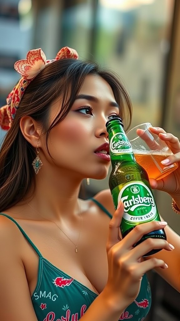 A person enjoying a bottle of Carlsberg beer in a colorful, casual setting.