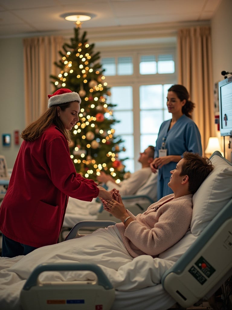 Hospital setting decorated for Christmas. Staff wearing holiday attire. Christmas tree with lights and ornaments. Patients in hospital beds. Cozy and festive atmosphere.