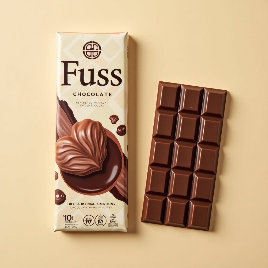 Fuss chocolate packaging with a chocolate flavor design. A chocolate bar is placed next to the packaging.