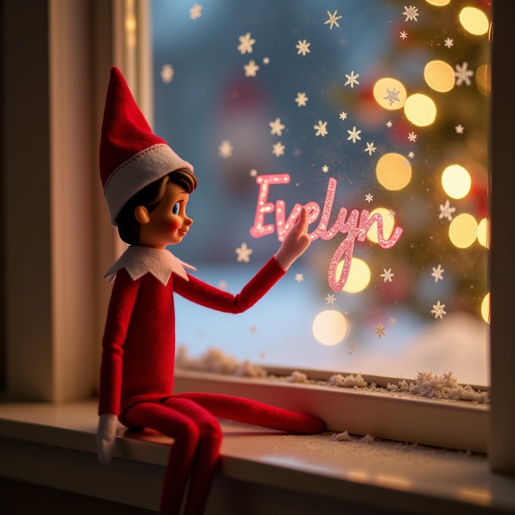 Joyful Elf writing in the air. Classic red outfit with a pointy hat. Writing name Evelyn in glitter. Soft snowflakes falling. Warm twinkling lights in the window.