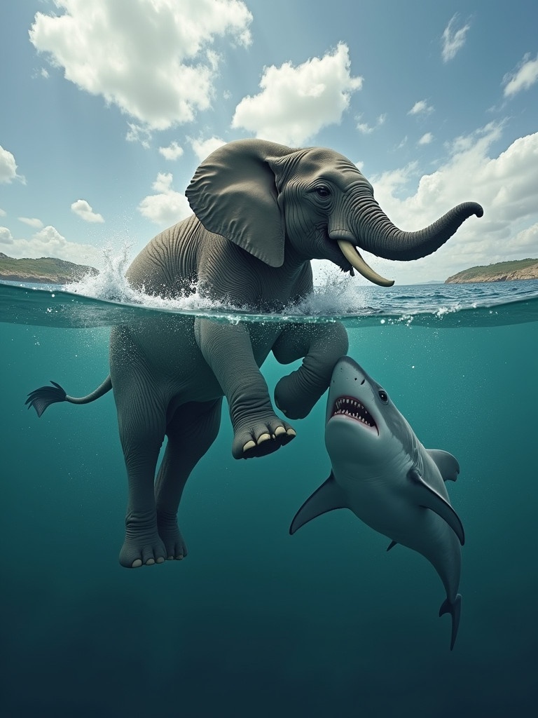 A baby elephant splashes in water while confronting a shark. The scene is underclear blue water showcasing the struggle. The sky is visible above with fluffy clouds. An aquatic landscape surrounds the action.