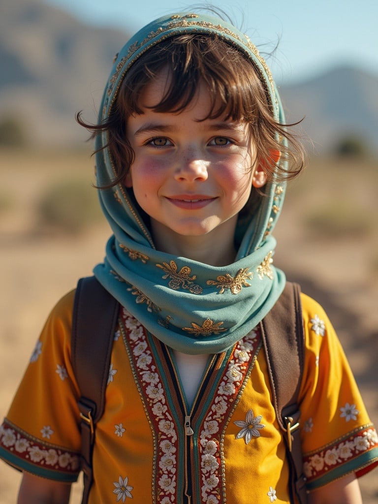 Child dressed in traditional clothing from the Sham region. The child wears a turquoise headscarf and an embroidered yellow shirt. The background is a desert landscape.